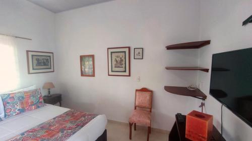 Schlafzimmer mit einem Bett, einem TV und einem Stuhl in der Unterkunft Balsora Hotel Boutique in La Tebaida