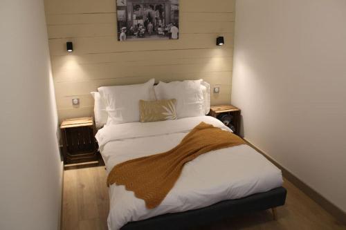 ein Schlafzimmer mit einem großen Bett mit einer Decke darauf in der Unterkunft Chez Franck et Gisele in LʼIsle-sur-la-Sorgue