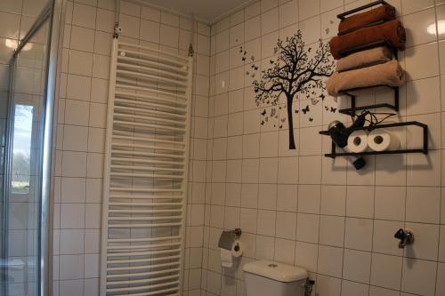 a bathroom with a shower and a toilet and towels at appartement Elperhof 16B in Schoonloo