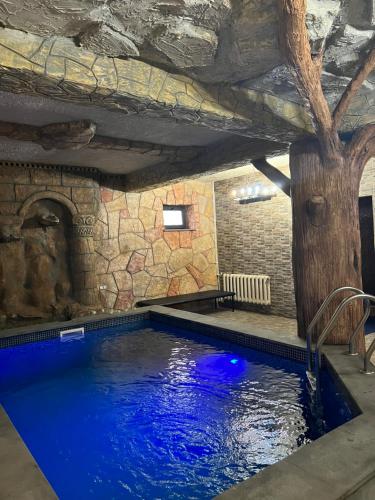 a swimming pool in a stone building with blue water at Z Narek in Elar