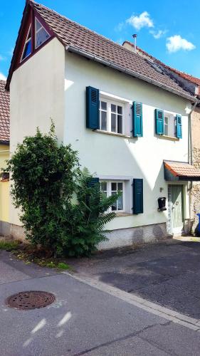 a white house with blue shuttered windows and a street at Schönes gemütliches Haus TopLage in Freinsheim