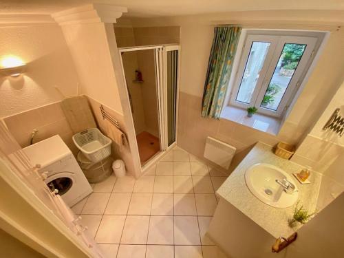 une petite salle de bain avec un lavabo et une douche dans l'établissement Centre of Olonzac, 2 bedrooms & private sunny rooftop terrace, à Olonzac