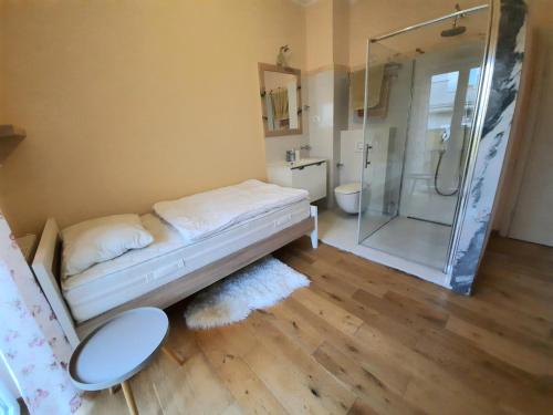 ein kleines Bad mit einem Bett und einer Dusche in der Unterkunft Villa Belgravia in Pula