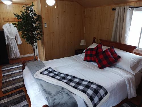 ein Schlafzimmer mit einem Bett mit karierten Kissen darauf in der Unterkunft Fireside - Waterfront Resort Style Executive Cottage in Kawartha Lakes