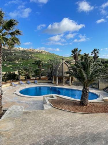 a swimming pool with a palm tree and a building at Luxury Farmhouse Villa surrounded with Nature & Farm Animals Alpacas etc in Għasri