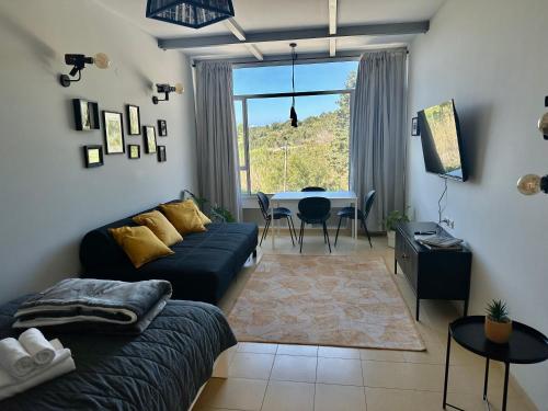 a living room with a couch and a table at Ein Hod - Artists Village in ‘En Hod
