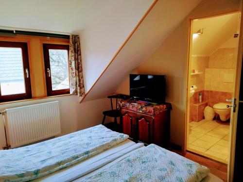 a bedroom with a bed and a tv and a bathroom at Bike Stop Duna in Dunaszentmiklós