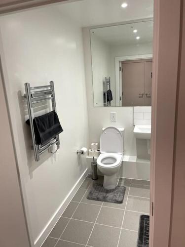 a bathroom with a toilet and a sink and a mirror at Beautiful one-bed in White City! in London