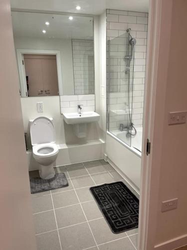 a bathroom with a toilet and a sink and a shower at Beautiful one-bed in White City! in London