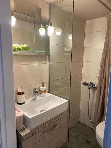 a bathroom with a sink and a shower at on the square studio in Kalamata