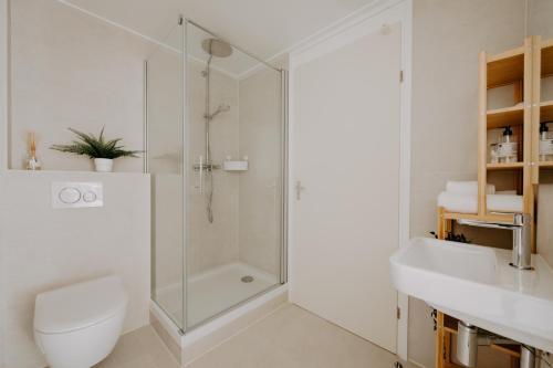 een badkamer met een douche, een toilet en een wastafel bij Stijlvol appartement op strand Makkum in Makkum