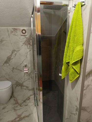 a bathroom with a shower with a green towel at Mansarda in Morgex