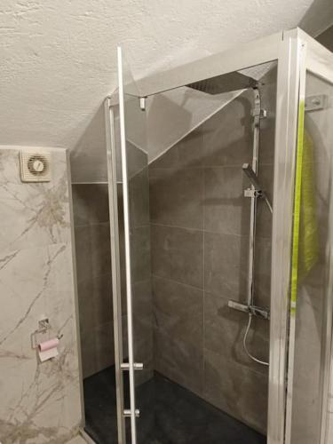 a shower with a glass door in a bathroom at Mansarda in Morgex