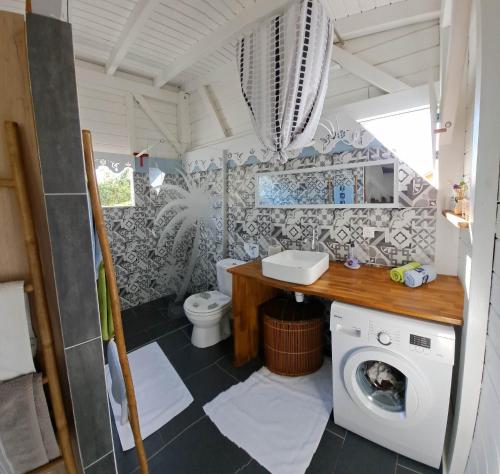 a bathroom with a washing machine and a toilet at Ti kaz a Max in Saint-François