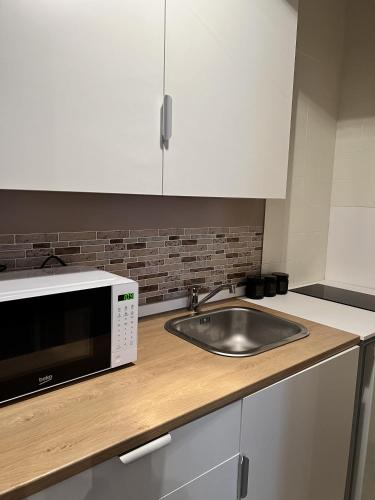a kitchen with a sink and a microwave on a counter at San Pietro Apartment in Padova
