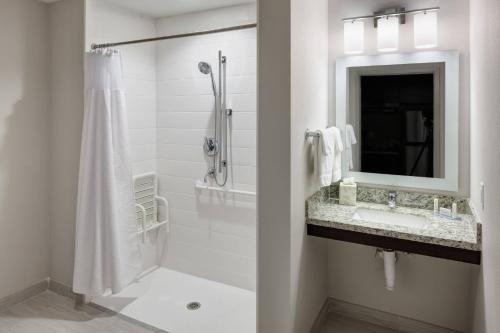a white bathroom with a sink and a shower at TownePlace Suites by Marriott Orlando at SeaWorld in Orlando