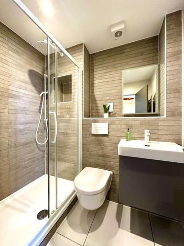 a bathroom with a toilet and a sink and a shower at Beautiful Couples Retreat - FREE Parking & WiFi - 1 Minute walk to Poole Quay - Great Location - Free Parking - Fast WiFi - Smart TV - Newly decorated - sleeps up to 2! Close to Poole & Bournemouth & Sandbanks in Poole