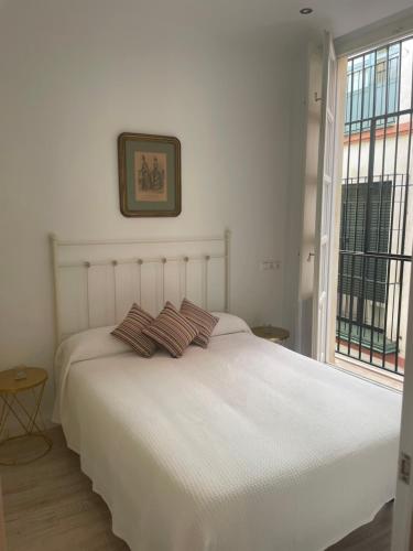 una camera da letto con un letto bianco con due cuscini sopra di EL RINCON DEL CONDE a Siviglia