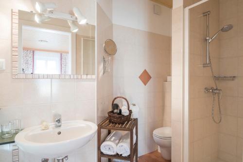 a bathroom with a sink and a toilet at Kleinhofers Himbeernest in Anger