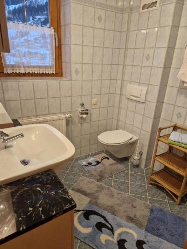La salle de bains est pourvue d'un lavabo et de toilettes. dans l'établissement Landhaus Salzmann, à Bad Hofgastein