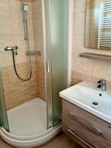 a bathroom with a shower and a sink at Rekreačný dom Flóra ll in Veľký Meder