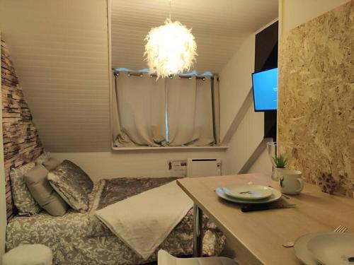una pequeña sala de estar con sofá y lámpara de araña en Sur les toits, studio centre-ville, WIFI Netflix, en Montbéliard