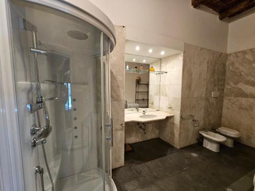 The Spanish Palace Rooms, Suites Apartments & Terraces في نابولي: حمام مع دش ومغسلة ومرحاض