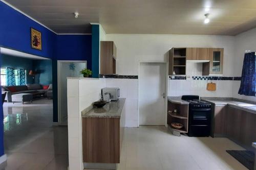 a kitchen with a counter and a stove top oven at Artist Villa in a Beautiful Yard in Chilanga