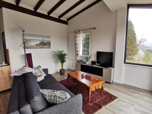 ein Wohnzimmer mit einem Sofa und einem Couchtisch in der Unterkunft Casa Ghiro in Pura
