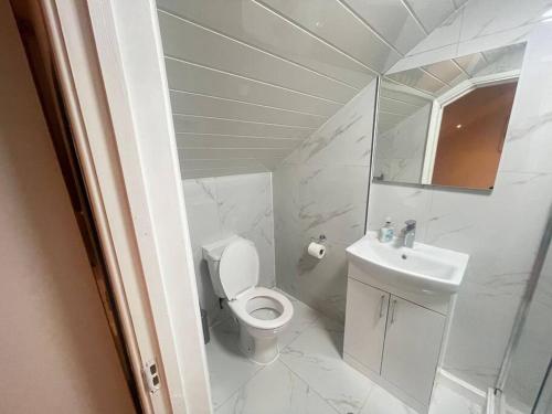 a white bathroom with a toilet and a sink at Good priced Single Bed Room In Windsor in Old Windsor