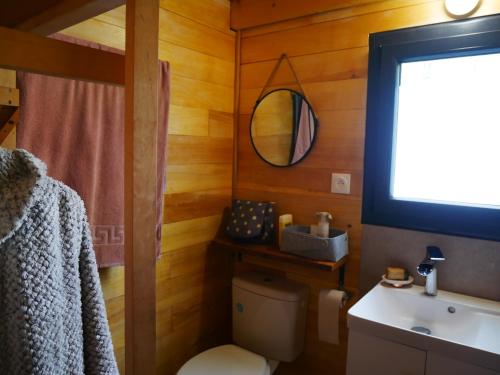 a bathroom with a toilet and a sink and a mirror at Tiny house ocean in Naujac-sur-Mer