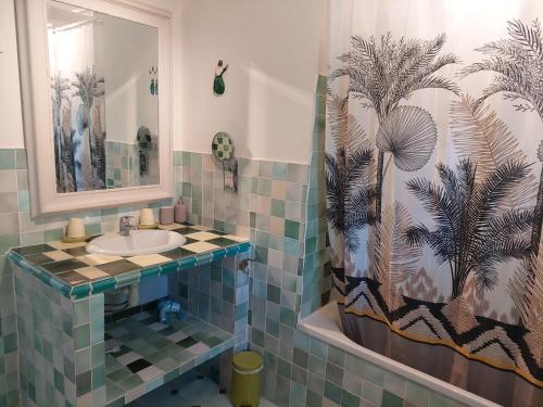 a bathroom with a sink and a shower curtain at Mas des Cigognes in Le Thor