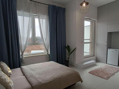 ワルシャワにあるApartamenty Wiktoryn 6Aのベッドルーム1室(ベッド1台、大きな窓2つ付)