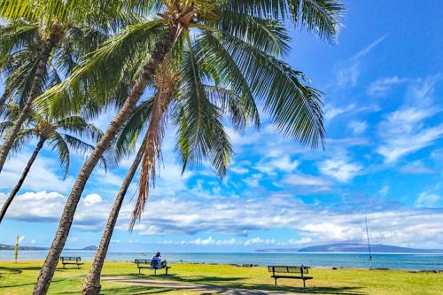 a person sitting on a bench under two palm trees on the beach at Island Surf 601A in Kihei