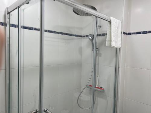 a shower with a glass door in a bathroom at Confort Apartment 2 Bedrooms in Alhos Vedros