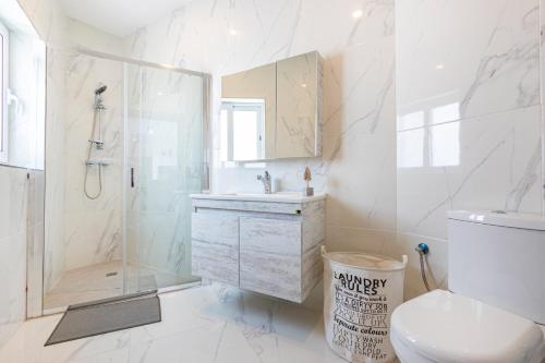 a bathroom with a shower and a toilet and a sink at H4- Modern Penthouse with Large Terrace and Views in San Ġwann
