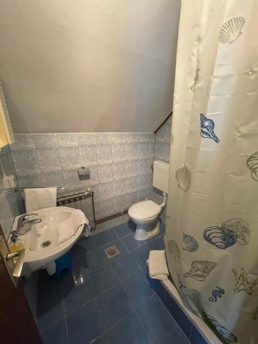 a bathroom with a toilet and a sink and a shower at Apartments with parking space Smoljanac, Plitvice - 12345 in Smoljanac