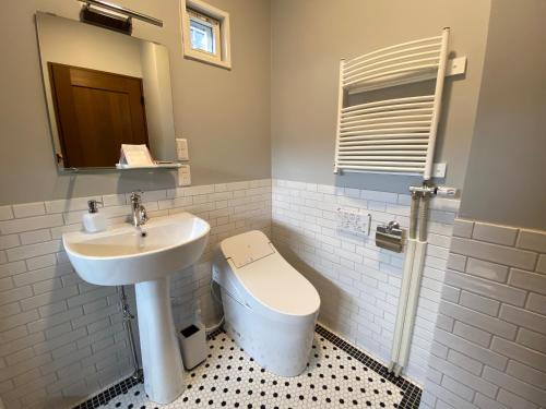 a bathroom with a sink and a toilet and a mirror at Shinkyo Inn in Nikko