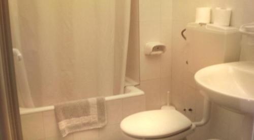 uma casa de banho com um WC, um chuveiro e um lavatório. em Amanda Hotel em Karlovasi