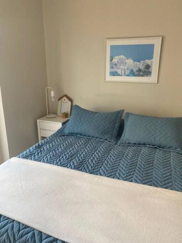Un dormitorio con una cama con almohadas azules y una foto en Cozy 1-bedroom apartment in the heart of V.Urquiza en Buenos Aires