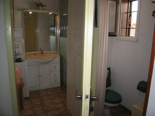 une salle de bain avec un lavabo, des toilettes et une douche dans l'établissement Jolie Villa T3 Mezzanine avec Véranda à Saint-Cyprien, 6 Couchages, 900m de la Plage, Parking Privé - FR-1-106-57, à Saint-Cyprien