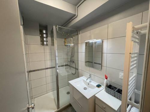 łazienka z umywalką i prysznicem w obiekcie T2 cabine rénové, animaux admis, parking sécurisé, proche plage et port - Saint-Cyprien - FR-1-106-69 w mieście Saint-Cyprien