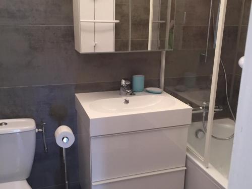 une salle de bain avec un lavabo, des toilettes et une douche dans l'établissement Studio ski au pied rénové, balcon, piscine, parking - FR-1-598-131, aux Gets