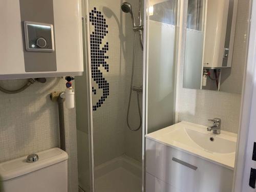 La petite salle de bains est pourvue d'une douche et d'un lavabo. dans l'établissement Appartement 2 Pièces/Cabine avec Balcon et Parking Privé – 200m Plage, Climatisé, Animaux Acceptés - FR-1-229D-116, à Fleury