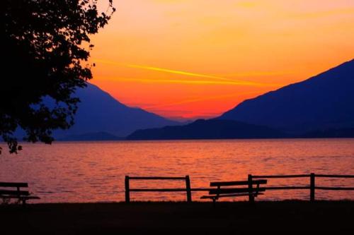 two benches in front of a lake at sunset at Art Music House Lake Como Dongo in Dongo