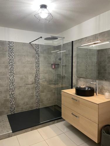 a bathroom with a glass shower and a sink at Appartement T3 climatisé,balcon in Le Boulou