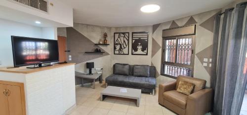 a living room with a tv and a couch and a chair at Amdar Holiday Apartments in Eilat