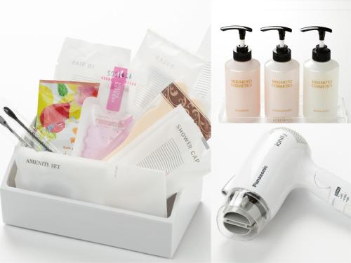 a white box with three products and a sink at Hotel JAL City Aomori in Aomori