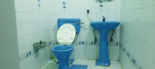 a bathroom with a blue toilet and a sink at Hotel Holiday Classic in Chandīgarh