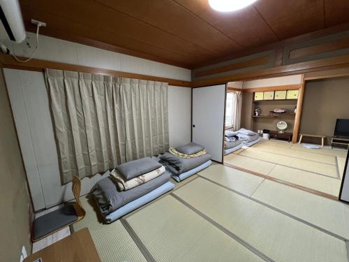a living room with two couches and a television at HOSTEL OE in Yoshinogawa